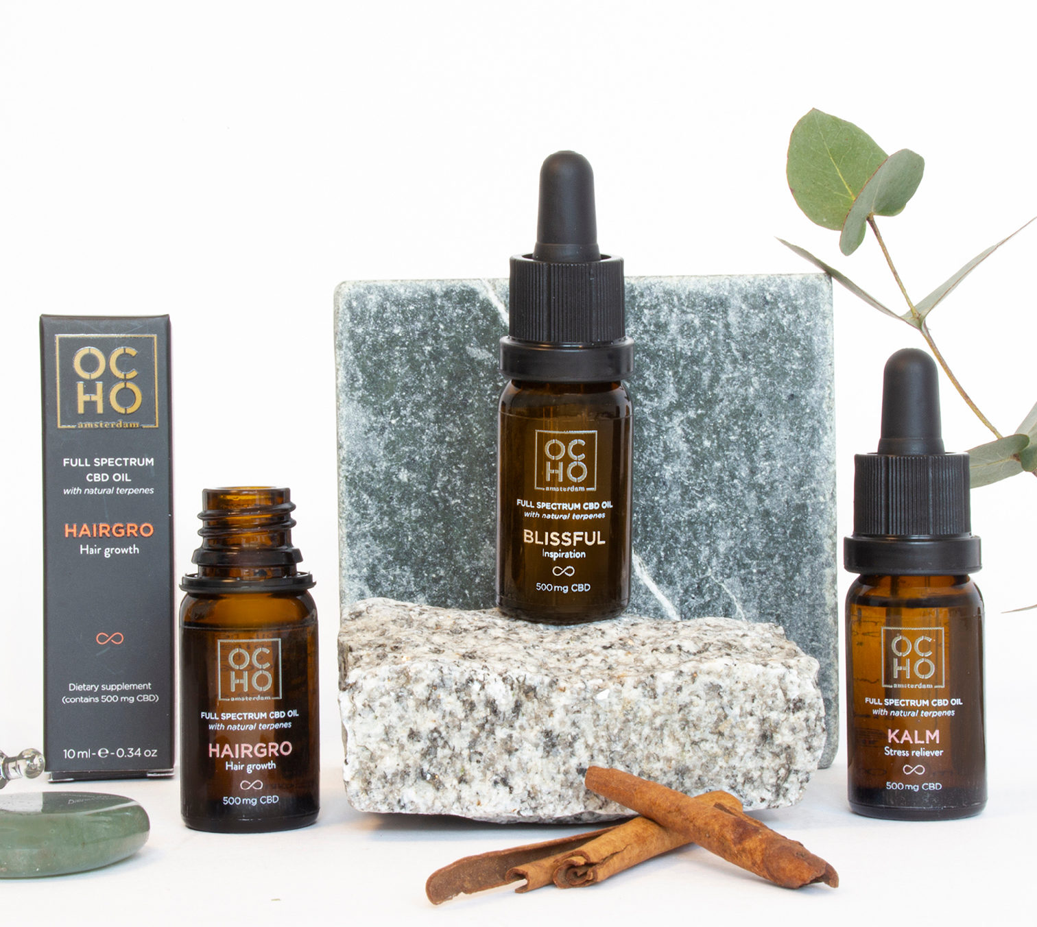 Ocho CBD oils packaging design and set composition